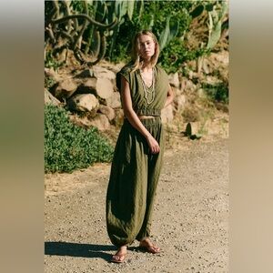 Free People Olive Green V-Neck Wide-Leg Jumpsuit